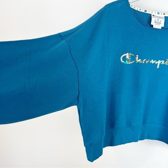 NEW Champion size XL French Terry Sweatshirt Blue Floral Logo Cropped Relaxed - Picture 3 of 11